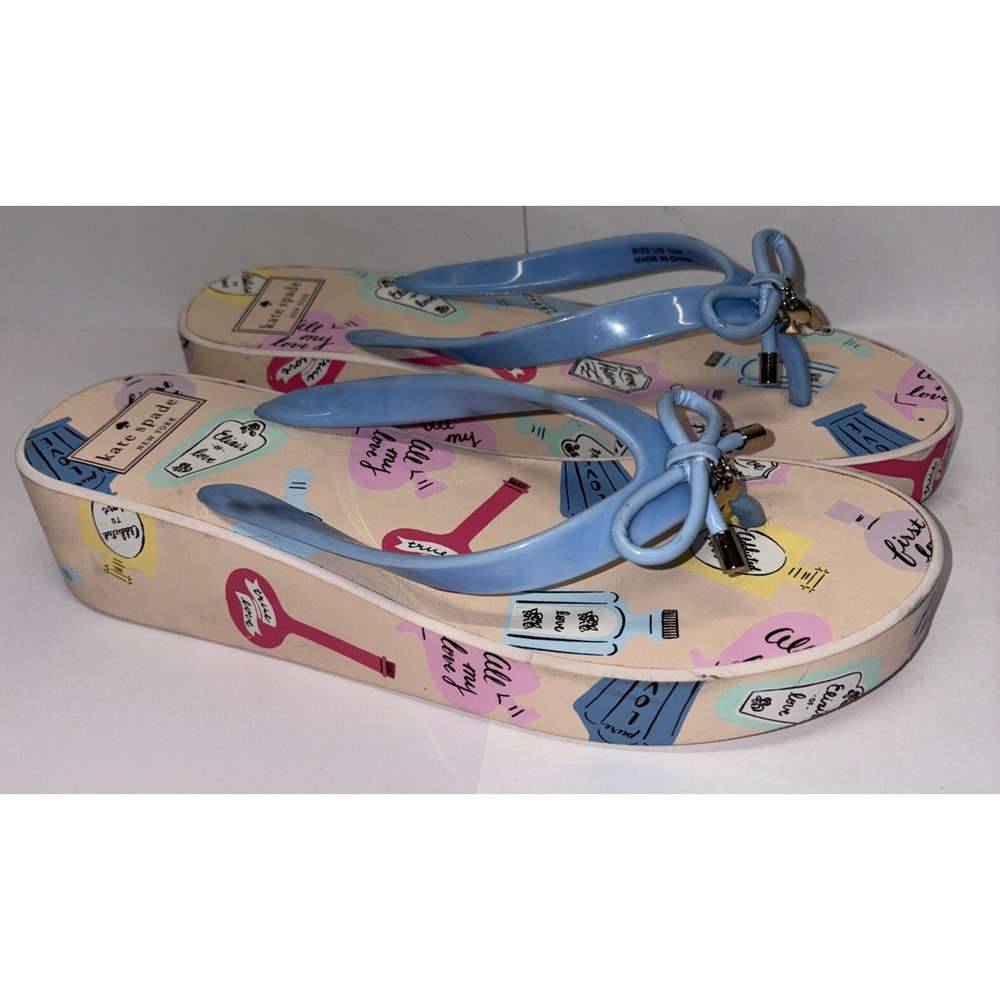 Kate Spade Pink Wedge Sandals Womens 10 M‎ PERFUME BOTTLE DETAIL Blue Rubber